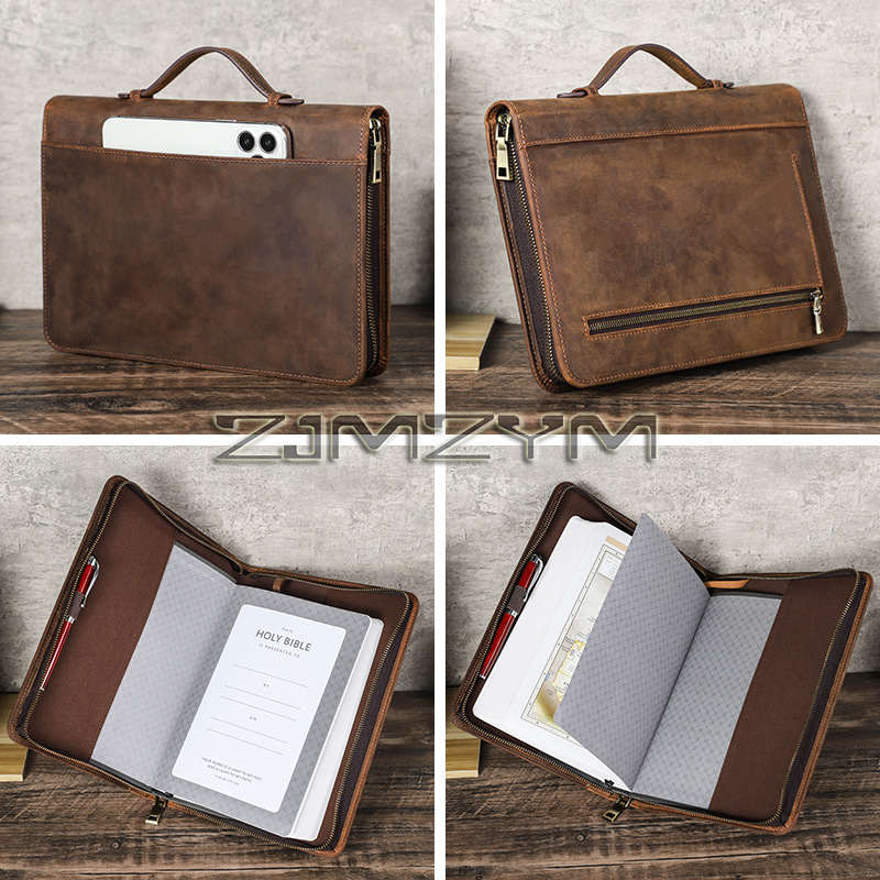 Office Stationery Supply Business - レトロレザーノートブックカバーケース手作りジッパーハンドヘルドレザーカバーオフィス学用品ビジネス文具